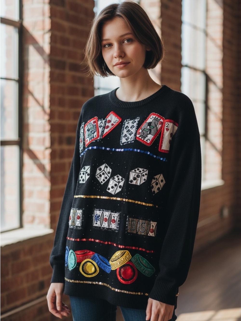 Black Embellished Casino Game Sweater - Brand
